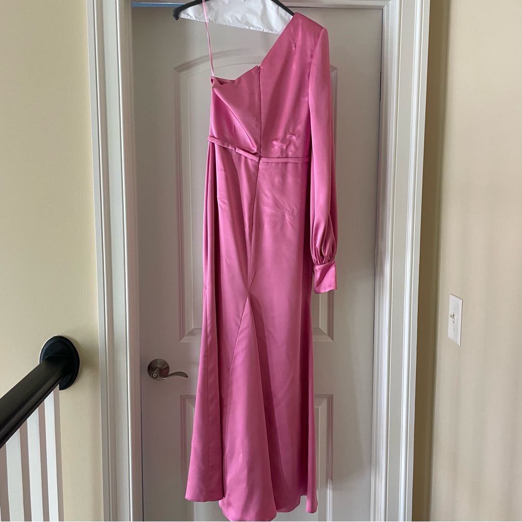 Ieena For Mac Duggal One-Shoulder Bishop-Sleeve Pink Trumpet Gown Size 4 — image 8 of 8